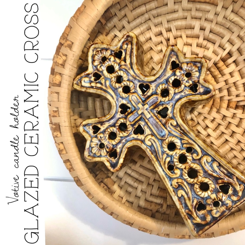 Ceramic Glazed Cross Votive Candle Holder - Picture 1 of 11